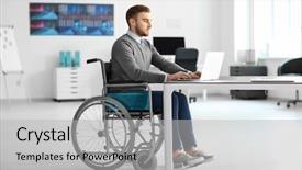  Presentation with disabled people - Beautiful theme featuring disabled people - young man in wheelchair backdrop and a light gray colored foreground