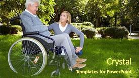  Presentation with wheelchair - Theme consisting of disabled people - young nurse talking to woman background and a tawny brown colored foreground
