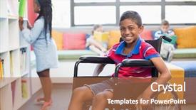  Presentation with kids wheelchair - PPT theme featuring portrait of disabled schoolboy background and a coral colored foreground