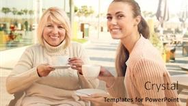  Presentation with caregiver - Slides having disabled senior woman and young caregiver in outdoor cafe background and a coral colored foreground