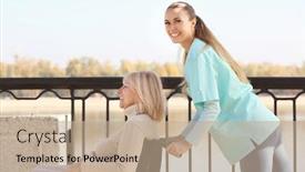  Presentation with caregiver - Theme featuring disabled senior woman and young caregiver outdoors background and a coral colored foreground