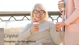  Presentation with caregiver - PPT theme featuring disabled senior woman and young caregiver outdoors background and a mint green colored foreground