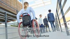  Presentation with ramp - Audience pleasing presentation design consisting of disabled-woman-as-a-wheelchair backdrop and a light gray colored foreground