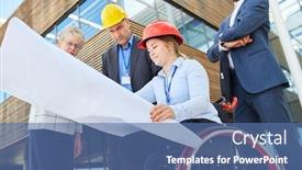  Presentation with blueprint - PPT theme with disabled-woman-as-an-architect background and a ocean colored foreground