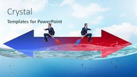  Presentation with rowing - Audience pleasing PPT theme consisting of disagreement concept with businessmen rowing in different direct backdrop and a sky blue colored foreground