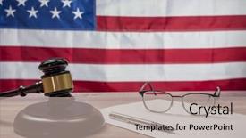  Presentation with wooden board empty table top - Colorful presentation design enhanced with disagreement statements - gavel and glasses backdrop and a  colored foreground