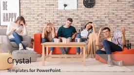  Presentation with business people moving gear - Beautiful slide deck featuring disappointed - emotional young people watching movie backdrop and a coral colored foreground