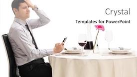  Presentation with reading table - Theme consisting of disappointed man seated at a restaurant table reading a message on his phone isolated on white background background and a white colored foreground