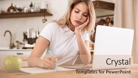  Presentation with writing notes - Presentation design featuring disappointment - image of disappointed blond woman background and a coral colored foreground