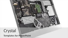  Presentation with computer components - Slide deck featuring disassembled computer monitor with internal background and a light gray colored foreground
