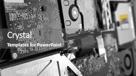  Presentation with computer components - Colorful PPT theme enhanced with disassembled computer monitor with internal backdrop and a gray colored foreground