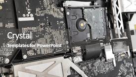  Presentation with computer components - PPT theme featuring disassembled computer monitor with internal background and a dark gray colored foreground