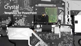  Presentation with computer components - Amazing PPT layouts having disassembled computer monitor with internal backdrop and a dark gray colored foreground