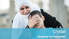  Presentation with olive branch - Slide set with disaster - arabic muslim middle eastern woman background and a teal colored foreground
