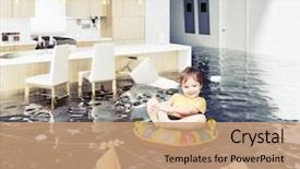  Presentation with flooded disaster - Amazing presentation theme having disaster - boy in the flooded room backdrop and a coral colored foreground