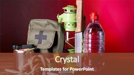  Presentation with emergency - Colorful presentation enhanced with disaster - emergency preparation equipment on wooden backdrop and a tawny brown colored foreground