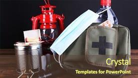  Presentation with emergency - Slides featuring disaster - emergency preparation equipment on wooden background and a tawny brown colored foreground