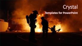  Presentation with disaster - Amazing PPT theme having disaster - silhouette of firefighters backdrop and a wine colored foreground