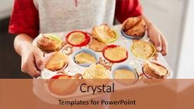  Presentation with baking - PPT theme consisting of disaster children - boy holding baking tray presenting background and a coral colored foreground