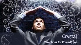  Presentation with rain - Beautiful PPT theme featuring disaster clock - young businessman under rain covering backdrop and a tawny brown colored foreground
