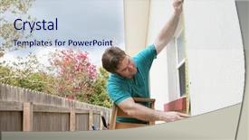  Presentation with storm clouds - Amazing presentation having disaster preparedness - carpenter measuring a window backdrop and a sky blue colored foreground