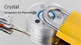  Presentation with computer security - Audience pleasing PPT theme consisting of gold disc - computer harddrive and lock backdrop and a  colored foreground