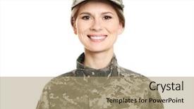  Presentation with pretty female military - Cool new slide deck with disciplina militar - pretty female soldier on white backdrop and a coral colored foreground