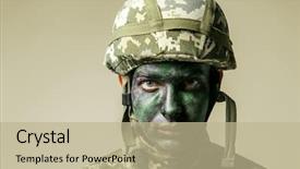  Presentation with paint - Cool new PPT theme with disciplina militar - soldier with face paint backdrop and a mint green colored foreground