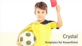  Presentation with sportswear - Colorful presentation design enhanced with disciplining kids - kid in sportswear holding soccer backdrop and a blonde colored foreground