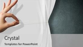  Presentation with curtain opening - Presentation theme featuring disclose - close up of hand opening background and a light gray colored foreground