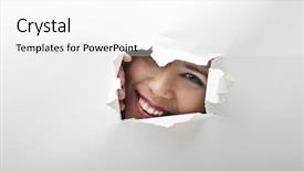  Presentation with happy sad mask face - Beautiful PPT theme featuring disclose - face of happy woman backdrop and a  colored foreground