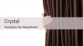  Presentation with curtain opening - Slide set with disclose - hand opening curtain isolated background and a light gray colored foreground