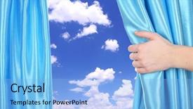  Presentation with curtain opening - Audience pleasing theme consisting of disclose - hand opening curtain on sky backdrop and a light blue colored foreground
