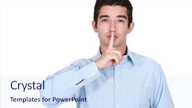  Presentation with finger - Beautiful PPT theme featuring disclosures - young man holds finger backdrop and a sky blue colored foreground