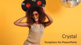  Presentation with vinyl - Slide deck consisting of disco ball - portrait of a joyful afro background and a yellow colored foreground