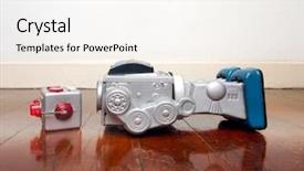  Presentation with robot - Beautiful PPT theme featuring disconnect - big siver robot has lst backdrop and a cream colored foreground