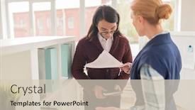  Presentation with entrepreneur - Beautiful PPT theme featuring discontent blond-haired entrepreneur showing financial figures to young asian manager while having informal meeting at spacious open plan office backdrop and a soft green colored foreground