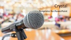  Presentation with microphone - Slide deck featuring discourse - black microphone in conference room background and a  colored foreground