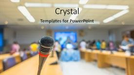  Presentation with radio station air vintage microphone - Slide deck featuring discourse - black microphone in conference room background and a  colored foreground