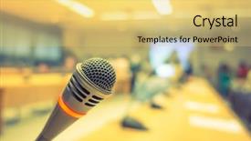  Presentation with conference - Slide set having discourse - black microphone in conference room background and a  colored foreground