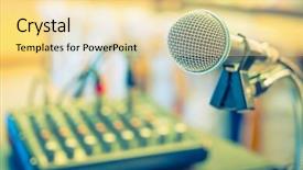  Presentation with radio station air vintage microphone - Beautiful slide set featuring discourse - black microphone in conference room backdrop and a  colored foreground