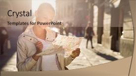  Presentation with foreign - Amazing PPT theme having discover - gorgeous female tourist backdrop and a coral colored foreground