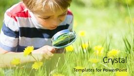  Presentation with looking glass - Colorful presentation design enhanced with discover - young boy exploring nature backdrop and a yellow colored foreground