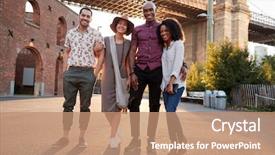  Presentation with brooklyn bridge - Beautiful PPT theme featuring discover america - portrait of friends walking backdrop and a coral colored foreground