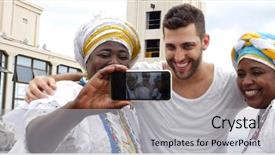  Presentation with america women - Slide deck having discover america - tourist taking a selfie background and a light gray colored foreground