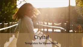  Presentation with bridge - Beautiful PPT theme featuring discover america - young woman walking along bridge backdrop and a  colored foreground