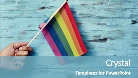  Presentation with rainbow flag - Slides with discrimination - closeup of a young caucasian background and a teal colored foreground