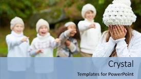  Presentation with classmates - PPT theme featuring discrimination - crying girl hiding her face background and a light blue colored foreground