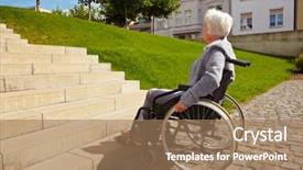  Presentation with wheelchair - Theme with discrimination - elderly woman in wheelchair looking background and a coral colored foreground