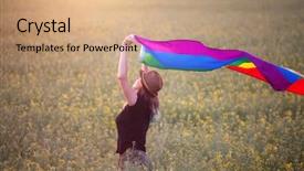  Presentation with gay rainbow flag - Slide set enhanced with discrimination - young woman holding gay rainbow background and a coral colored foreground